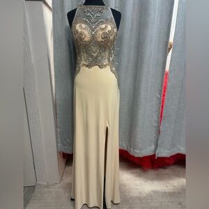Beaded Illusion Halter Prom Dress in Champagne